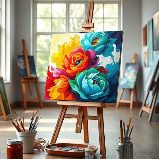 A vibrant painting on an easel in a well-lit art studio in Forney TX, surrounded by artist tools and framed artworks.