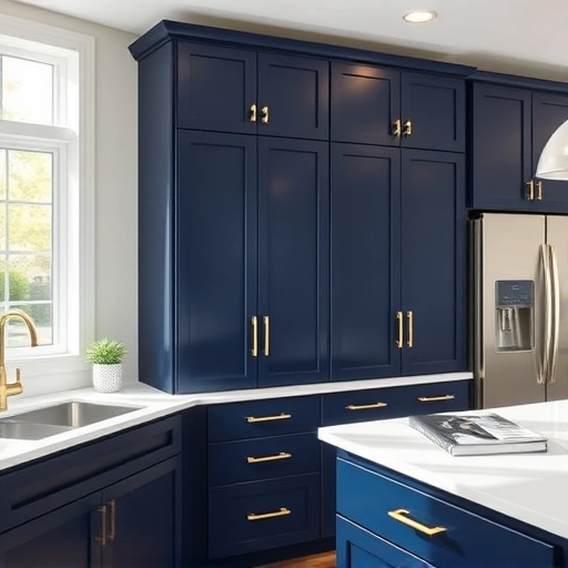 Cabinet painting in St. Paul TX showcases navy blue cabinets with gold hardware in a bright, modern kitchen setting.