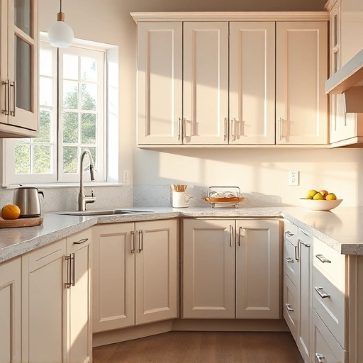 Beautifully finished kitchen cabinets in Garland TX featuring a glossy finish and soft color palette in a modern design.
