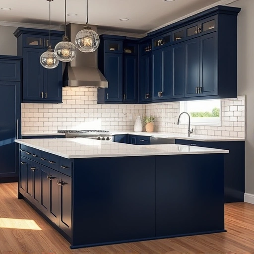 Cabinet painting in McKinney TX features deep navy blue cabinets with polished quartz countertop and stylish backsplash.