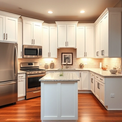 Beautifully transformed kitchen in Mesquite TX with custom white cabinetry, granite countertops, and stainless steel appliances.