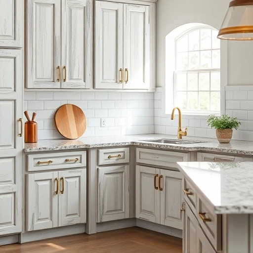 Beautifully distressed kitchen cabinets in Garland TX with polished granite countertop and elegant antique brass hardware.