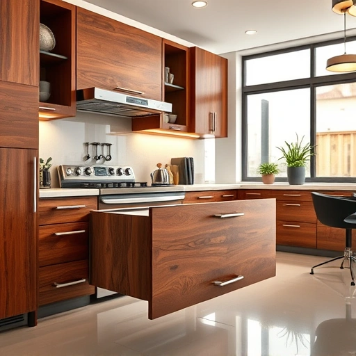 Completed cabinet drawer painting in a modern kitchen with glossy finish, rich wood grain, and elegant decor.