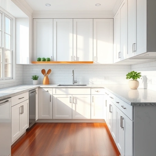 Cabinet painting transformation in Richardson TX featuring glossy white cabinets and elegant granite countertops.