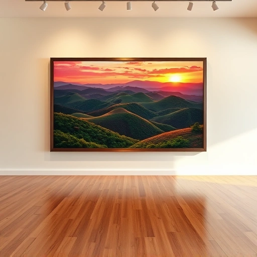 Vibrant landscape painting in Addison TX features rolling hills at sunset with lush greenery in a modern gallery setting.