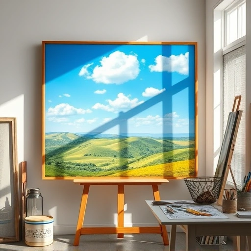 Completed painting in Anna TX featuring vibrant landscape, rolling hills, and a serene sky in an art studio.