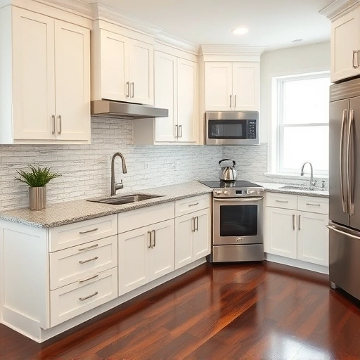 Modern kitchen in Balch Springs TX featuring creamy white cabinets, polished granite countertops, and stylish backsplash.