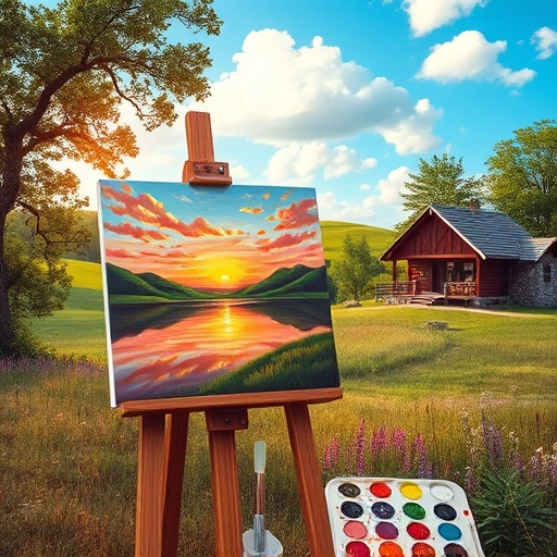 A vibrant rural painting on an easel in Josephine, TX, featuring a sunset lake scene and blooming wildflowers.