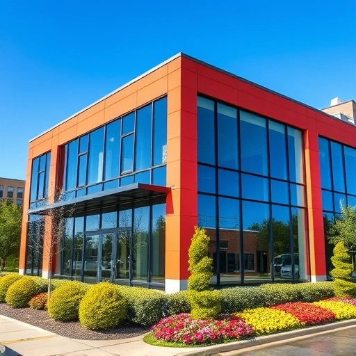 Completed commercial painting of a modern office building in Garland TX with vibrant colors and landscaped surroundings.