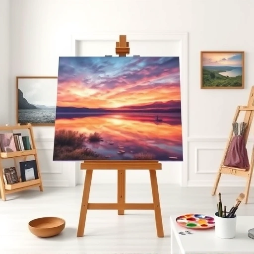 Painting of a serene lakeside sunset in Rockwall TX, framed on an easel in a clean art studio.