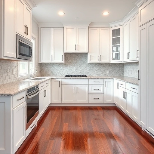 Stunning kitchen in Garland TX with white cabinets, granite countertops, modern hardware, and elegant tile backsplash.