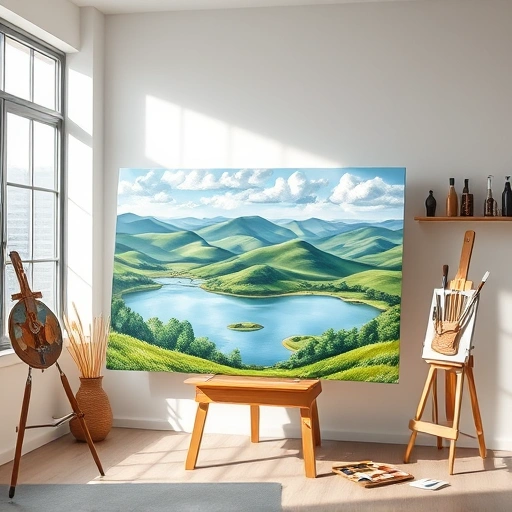Completed painting in modern Rowlett TX studio, showcasing vibrant landscape with hills, lake, and art supplies.