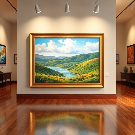 Completed painting in Sachse TX features vibrant landscape, serene hills, lake, and elegant framing in a gallery setting.