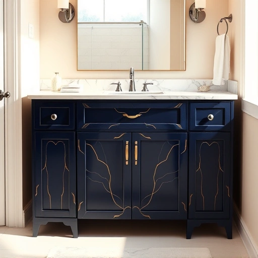 Bathroom vanity painting in Garland TX with navy blue and gold accents in a modern bathroom setting.
