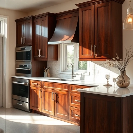 Elegant kitchen in Garland TX featuring dark wood cabinetry with intricate glazing and modern appliances.