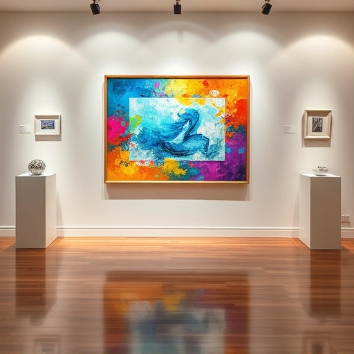 Completed vibrant painting in Plano TX displayed on a polished hardwood floor in a minimalist gallery setting.