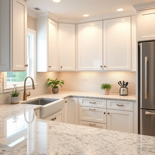 Beautifully refinished kitchen cabinets in glossy white with polished granite countertops and elegant decor in Celina TX.