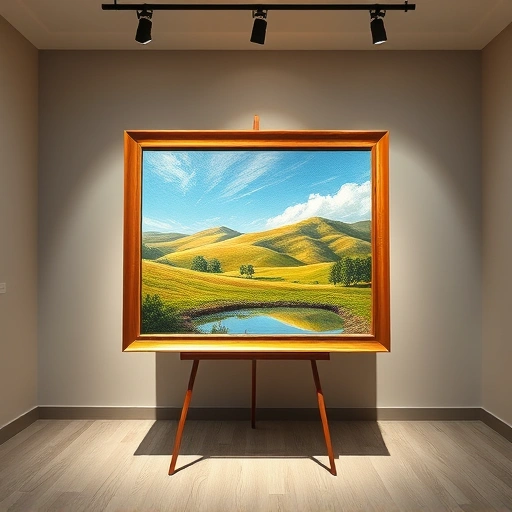 Serene landscape painting in Coppell TX with vibrant colors, rolling hills, pond, and elegant framing in gallery.