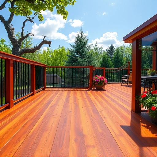 Completed deck staining in Garland TX with rich wood tones, elegant railings, and vibrant landscaping under soft sunlight.