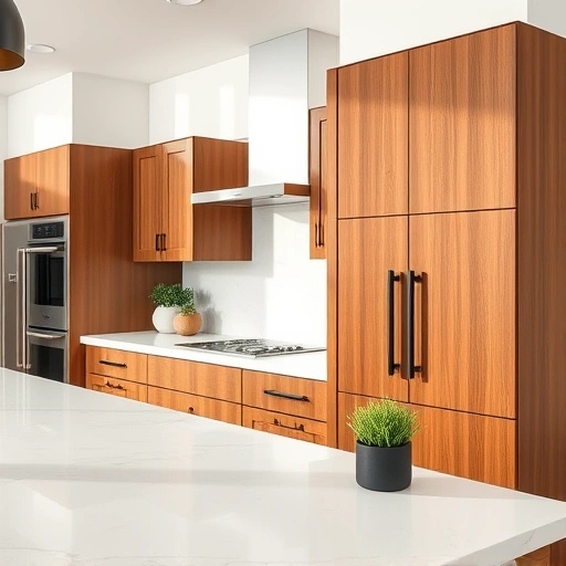 Sleek kitchen with modern cabinetry, polished chrome and matte black hardware, white marble countertops, and fresh herbs.