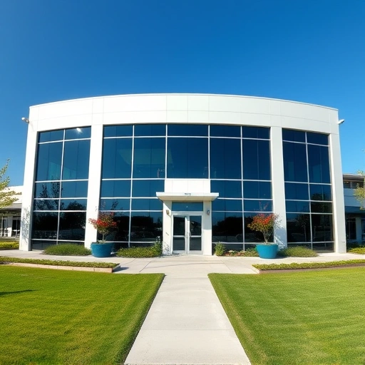 Completed commercial painting of a modern office building in Garland TX with a sleek blue and white exterior.