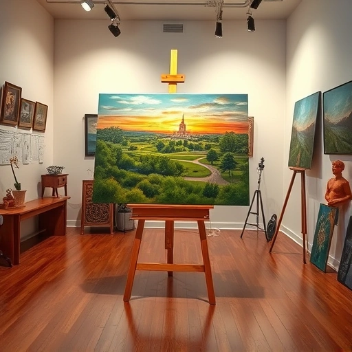 Art studio in Garland TX with a vibrant Texas landscape painting, warm lighting, and polished wood floors.