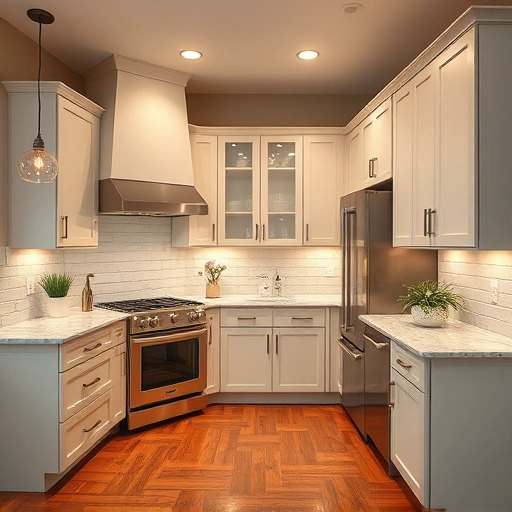 Modern kitchen in Frisco TX with refinished matte cabinets, marble countertop, stainless appliances, and warm ambiance.