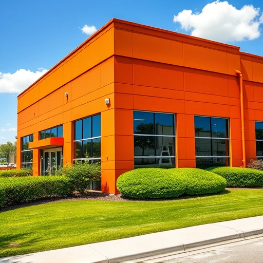 Completed commercial painting project in Garland TX featuring a modern office with vibrant exterior walls and manicured landscape.