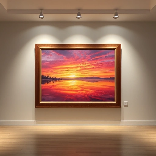 Vibrant landscape painting of a sunset over a lake in Forney TX, framed elegantly in a modern gallery setting.