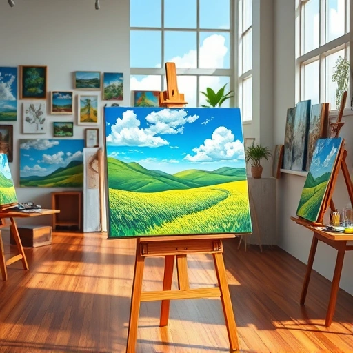 Completed painting in Sachse TX features vibrant colors of a serene landscape in a well-lit studio setting.