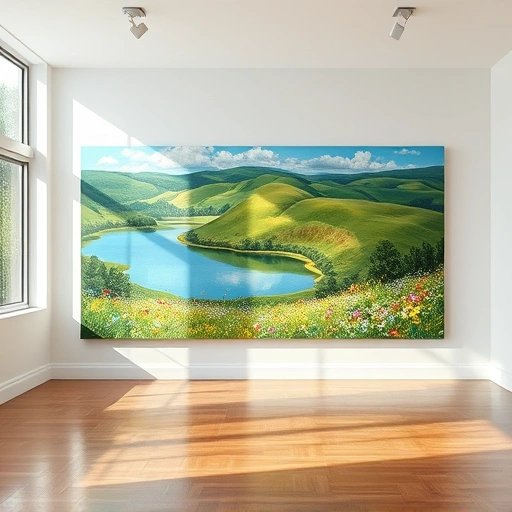 Completed painting in modern gallery in Princeton TX, featuring vibrant landscape with hills, lake, and wildflowers.