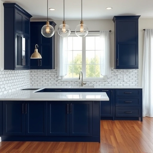 Beautifully painted navy blue kitchen cabinets in a modern Balch Springs kitchen with white quartz countertops.