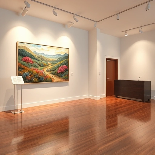 Vibrant abstract landscape painting in a modern Frisco TX art gallery with elegant display stands and soft lighting.