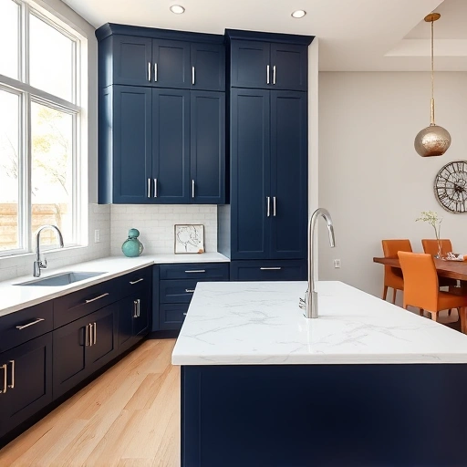 Modern kitchen in Plano, TX with navy blue cabinets, white quartz countertops, and warm gray walls, no people present.