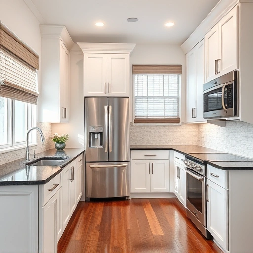 Stunning kitchen in Frisco, TX with glossy white cabinets, dark granite countertops, and elegant lighting design.