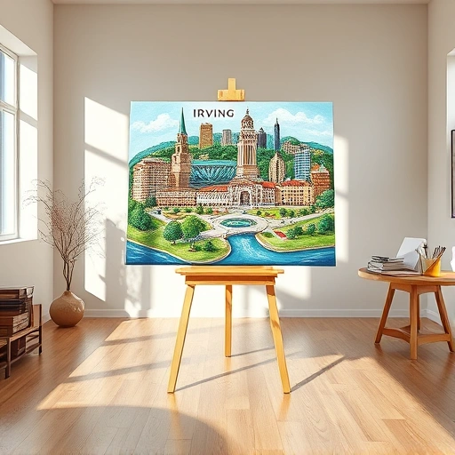 Completed painting in Irving TX with vibrant colors showcasing local landmarks displayed in a modern studio setting.