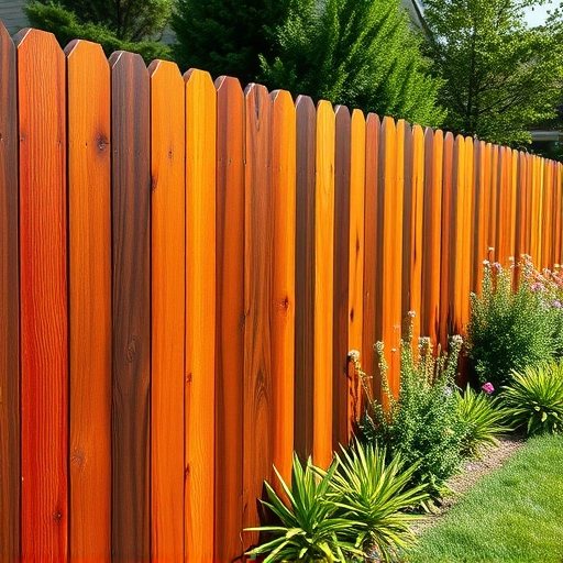 Completed fence staining in Garland TX showcasing rich wood hues and glossy finish against lush garden greenery.