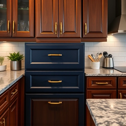 Cabinet Drawer Painting in Garland TX with navy blue drawers, gold hardware, granite countertops, and modern decor.