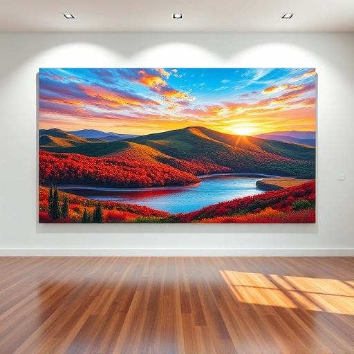 A vibrant landscape painting of rolling hills and a serene lake reflecting a Texas sunset in a modern gallery.