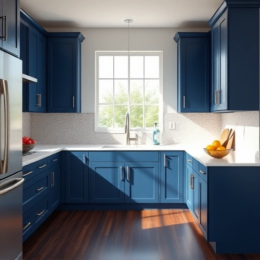 Modern kitchen in Garland TX with navy blue cabinets, white quartz countertops, gray tile backsplash, and dark hardwood floor.