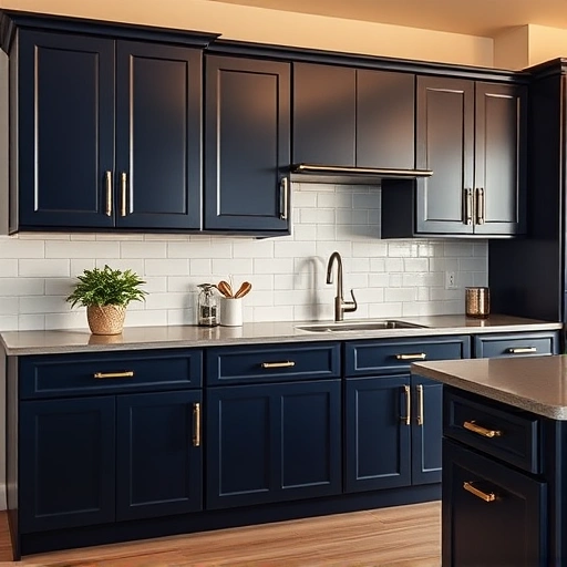 Navy blue kitchen cabinets with gold hardware in a modern space featuring sleek countertops and stylish decor.