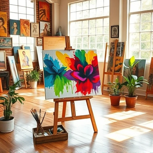 Completed painting on easel in a bright Caddo Mills art studio with paintbrushes, palette, and vibrant decor.