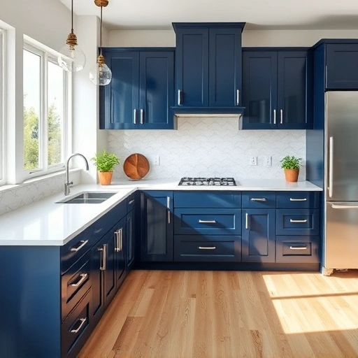 Navy blue cabinets shine in a modern St. Paul kitchen with white quartz countertops and elegant subway tile backsplash.