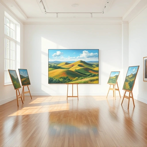 Completed painting in modern gallery in Carrollton TX features vibrant landscape with hills, greenery, and blue sky.
