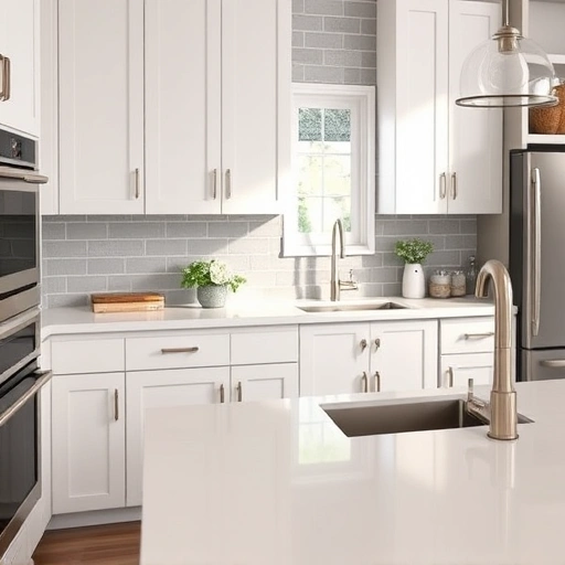 Modern kitchen in Garland TX showcasing elegant cabinet hardware with brushed nickel finishes and polished quartz countertops.