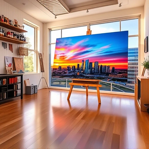 A vibrant painting of the Frisco skyline at sunset in a modern art studio with organized art supplies.