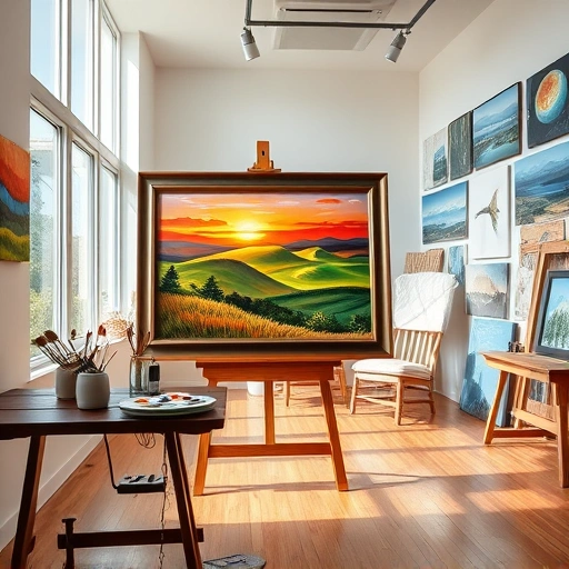Vibrant painting in a modern studio in Josephine TX, showcasing serene landscape and artistic atmosphere.