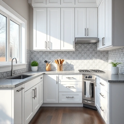 Modern kitchen in Wylie TX with glossy white cabinets, gray granite countertops, and elegant tile backsplash.