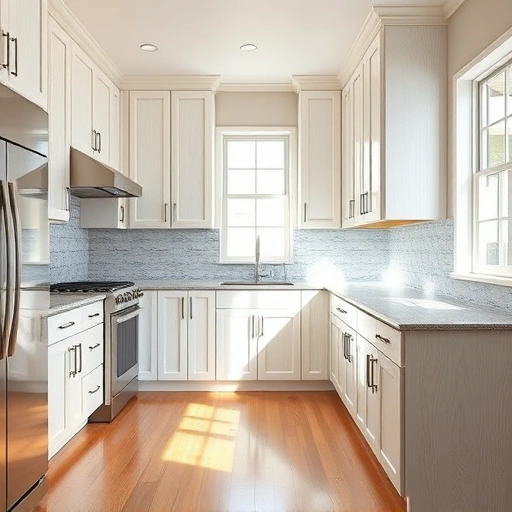 Cabinet painting in Mesquite TX showcasing glossy white cabinets and elegant gray granite countertops in a modern kitchen.