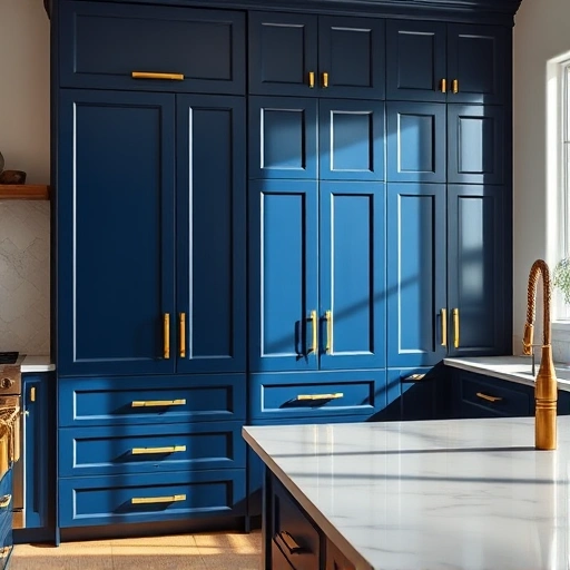 Completed navy blue kitchen cabinets with gold hardware in a modern kitchen with marble countertops and natural light.